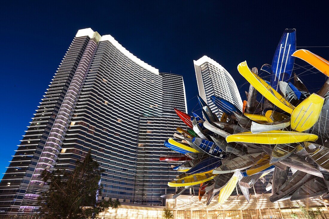USA, Nevada, Las Vegas, CityCenter, Aria Hotel and canoe sculpture, Big Edge by Nancy Rubins, dawn