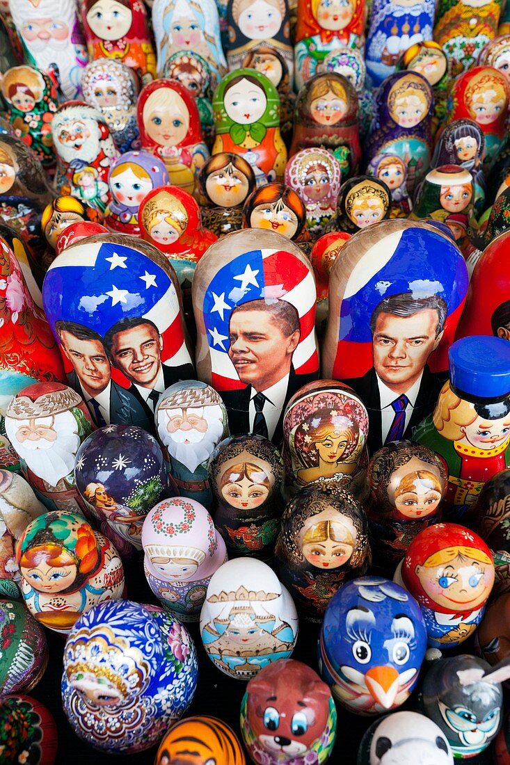 Russia, Moscow Oblast, Moscow, Red Square, souvenir matryoshka nesting dolls with political theme