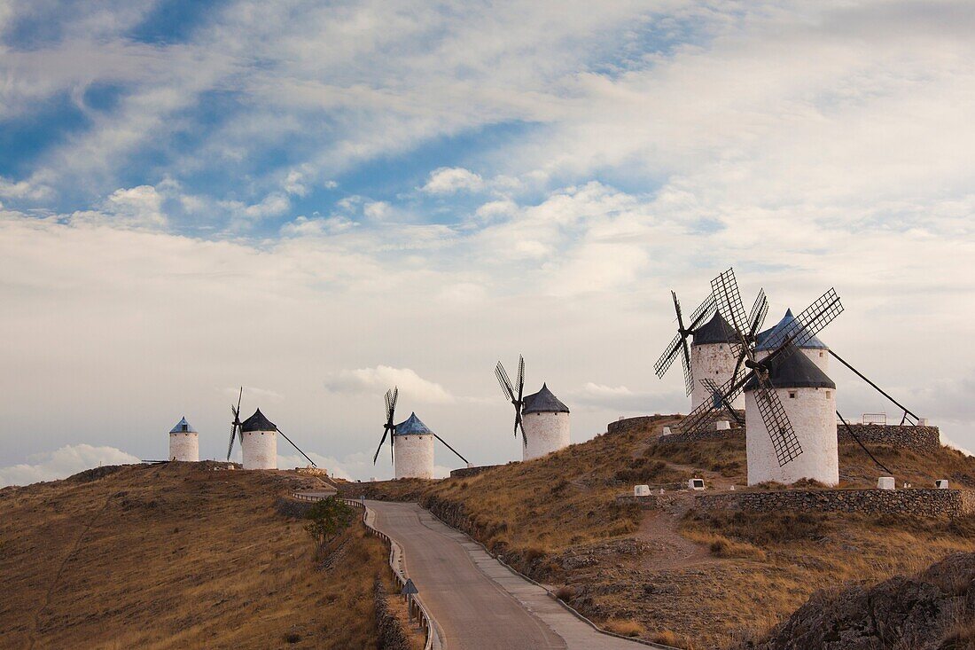 Spain, Castile-La Mancha Region, Toledo Province, La Mancha Area, Consuegra, antique La Mancha windmills, late afternoon