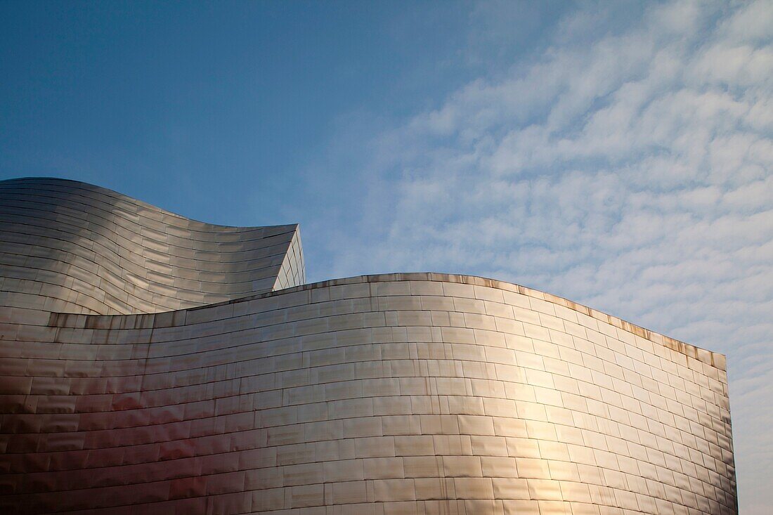 Spain, Basque Country Region, Vizcaya Province, Bilbao, The Guggenheim Museum, designed by Frank Gehry, dusk with Maman, spider sculpture by Louise Bourgeois