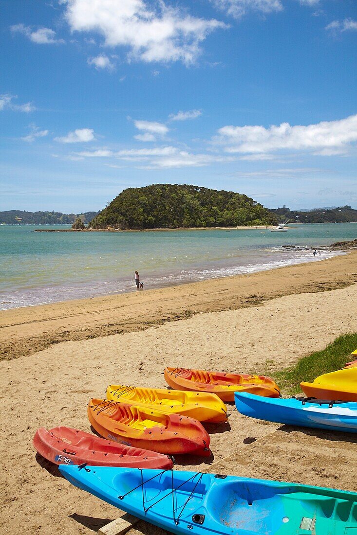 Colourful kayaks on beach in Bay of Islands