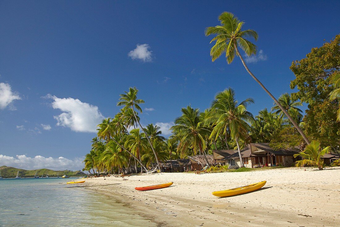 Kayaks on the beach, Plantation Island Resort, Malolo Lailai Island, Mamanuca Islands, Fiji, South Pacific