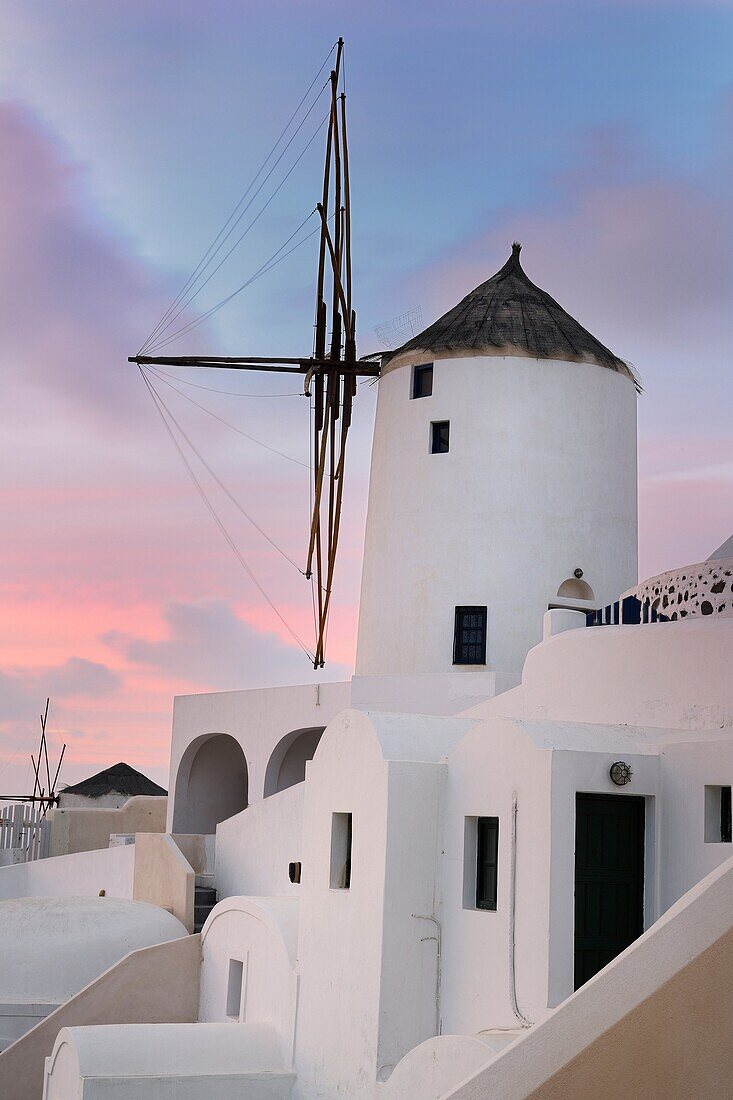 Traditional Greek windmill of Santorini, Oia Village, Santorini, Aegean Island, Cyclades Islands, Greek Islands, Greece, Europe