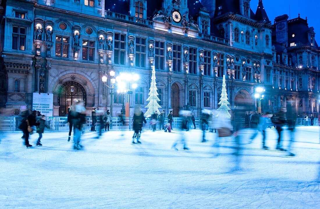 Ice rink in front of City Hall, Paris, France
