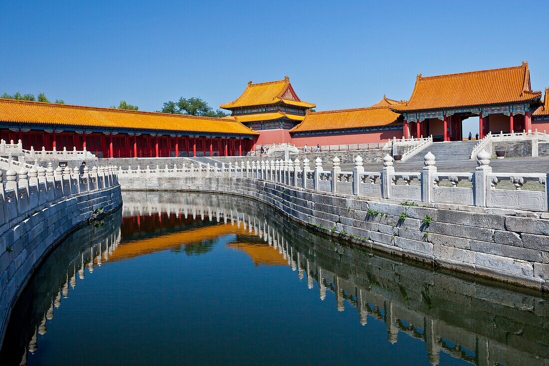 The calm waters of the canal with reflection in the Forbidden City, Beijing, China, Asia.