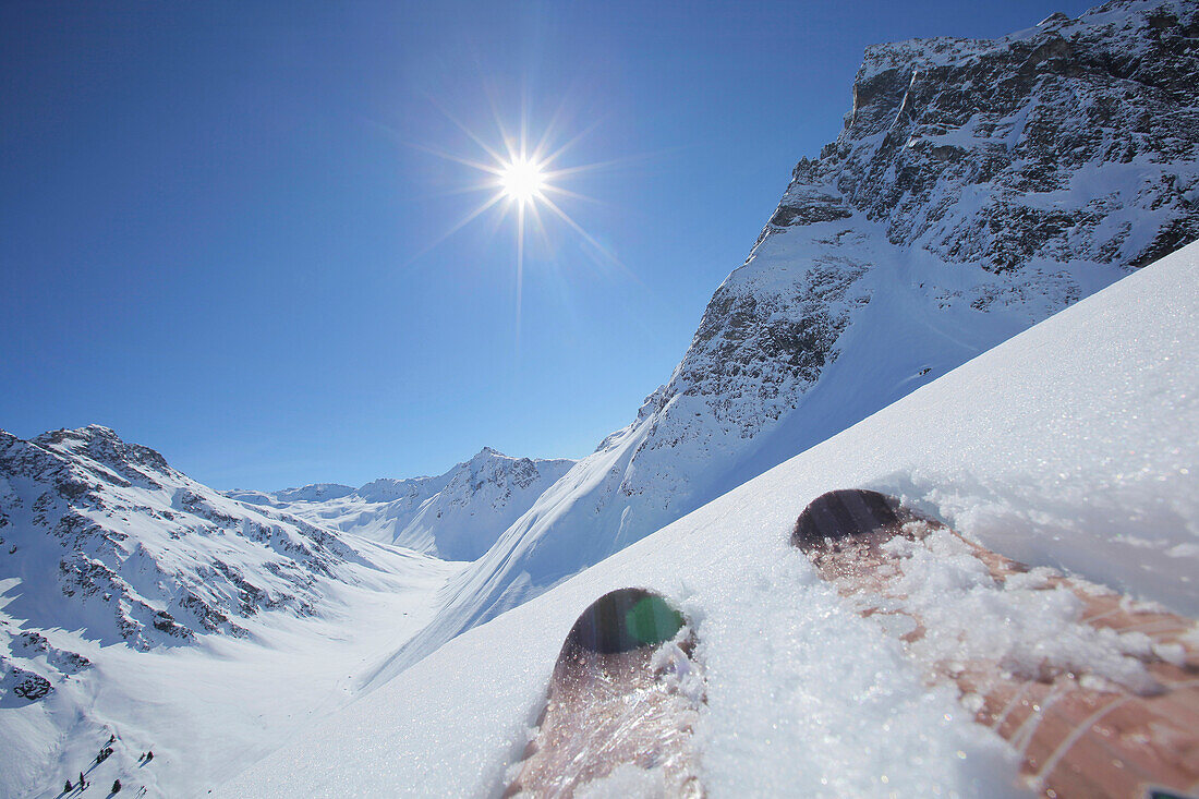 Downhill skiing through Vazifen Valley, Gargellen, Montafon, Vorarlberg, Austria