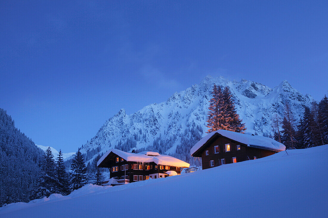 Holiday lodges in the evening, Gargellen, Montafon, Vorarlberg, Austria