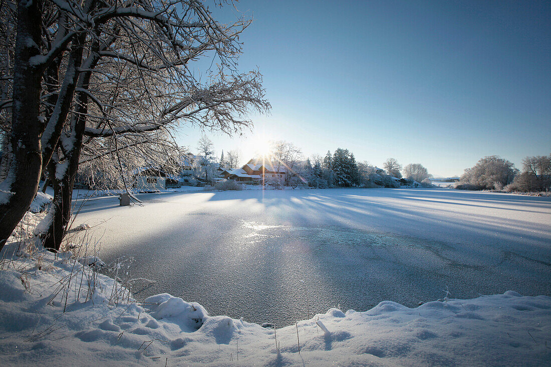 Degerndorfer Weiher im Winter, Degerndorf, Münsing, Bayern, Deutschland