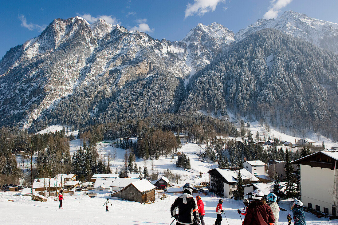 People skiing on the ski piste, winter, Brand, Brandner Valley, Vorarlberg, Austria