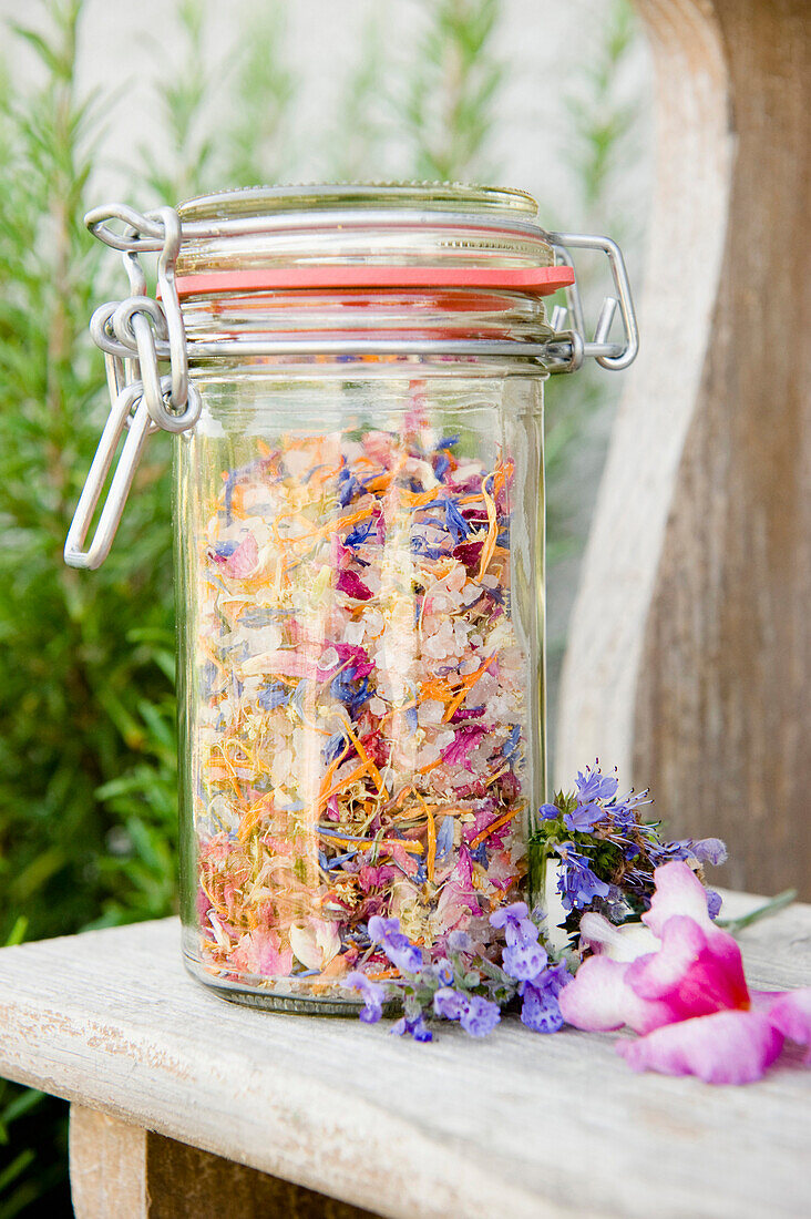 Herbal salt, salt with dried blossoms in a jar, homemade, Bavaria, Germany