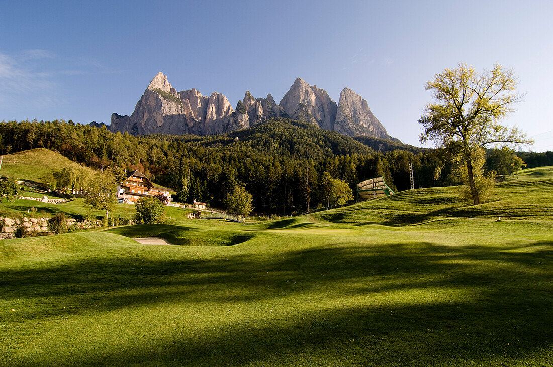 Golf course, Kastelruth Golf club, with Seiser Alm in the background, Dolomites, South Tyrol, Italy