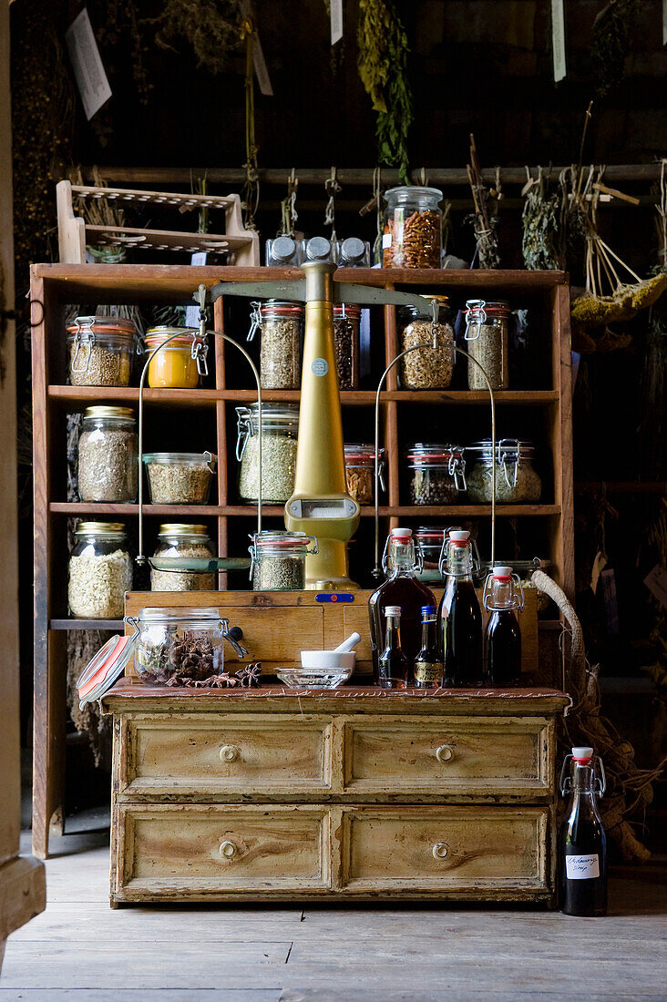 Dried herbs in jars, herbal pharmacy, Homemade, Bavaria, Germany