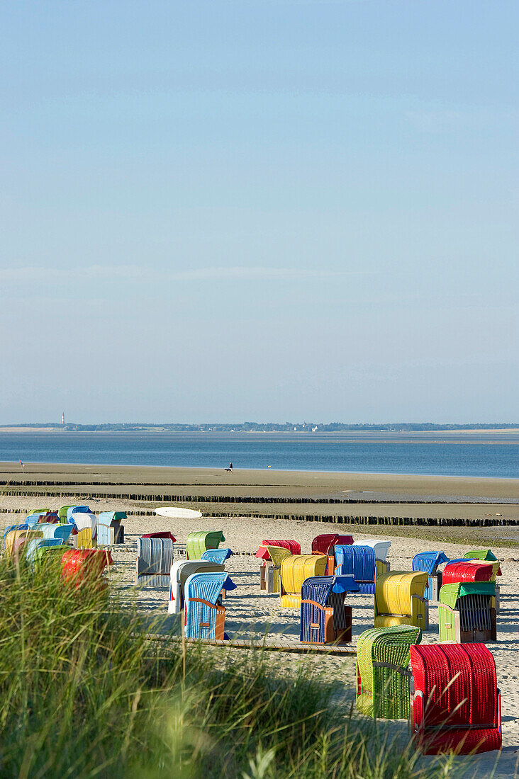 Colourful beachchairs on the beach, Utersum, Foehr, North Frisian Islands, Schleswig-Holstein, Germany, Europe