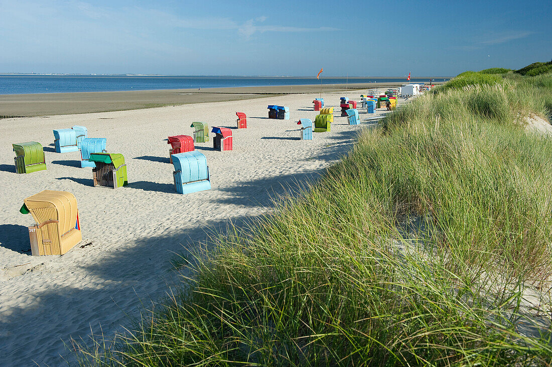 Bunte Strandkörbe am Strand, Utersum, Föhr, Nordfriesland, Schleswig-Holstein, Deutschland, Europa
