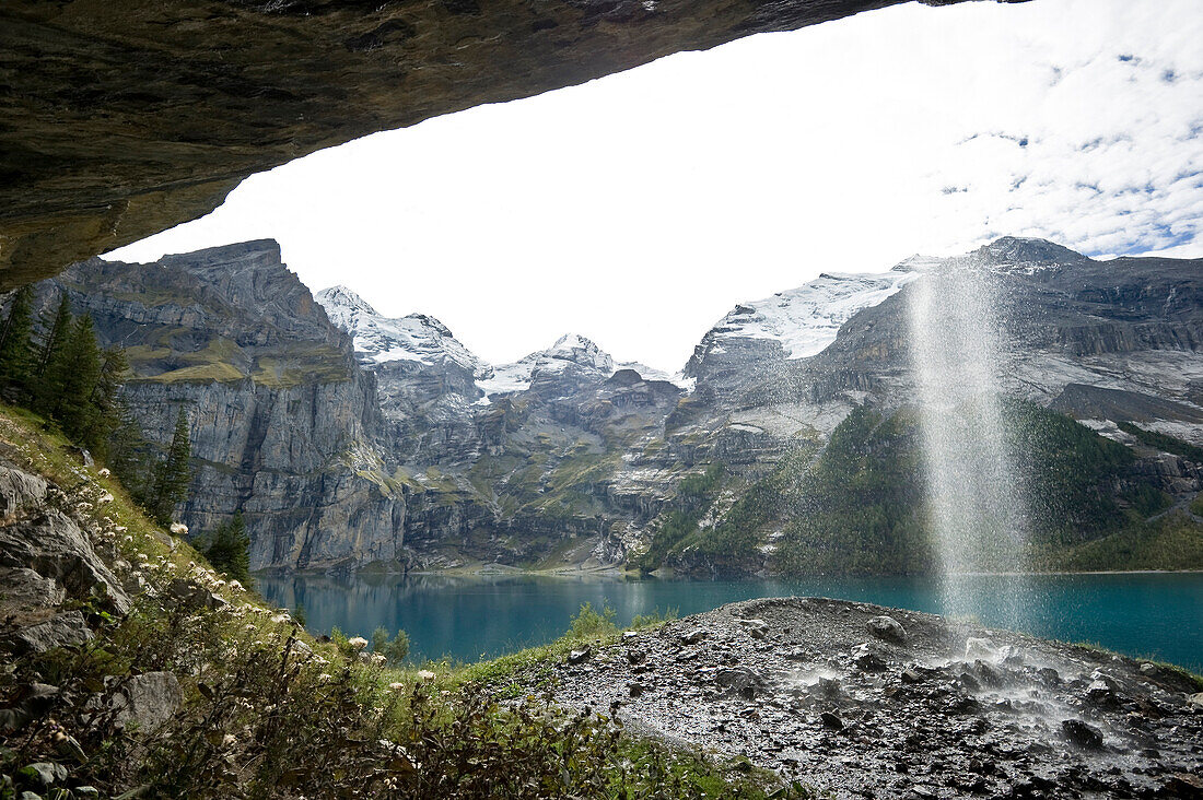 cascade and sun, Oeschinen Lake, Kandersteg, Bernese Oberland, Canton of Bern, Switzerland, Europe