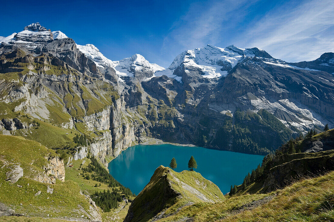 View of lake Oeschinensee, Kandersteg, Bernese Oberland, Canton of Bern, Switzerland, Europe