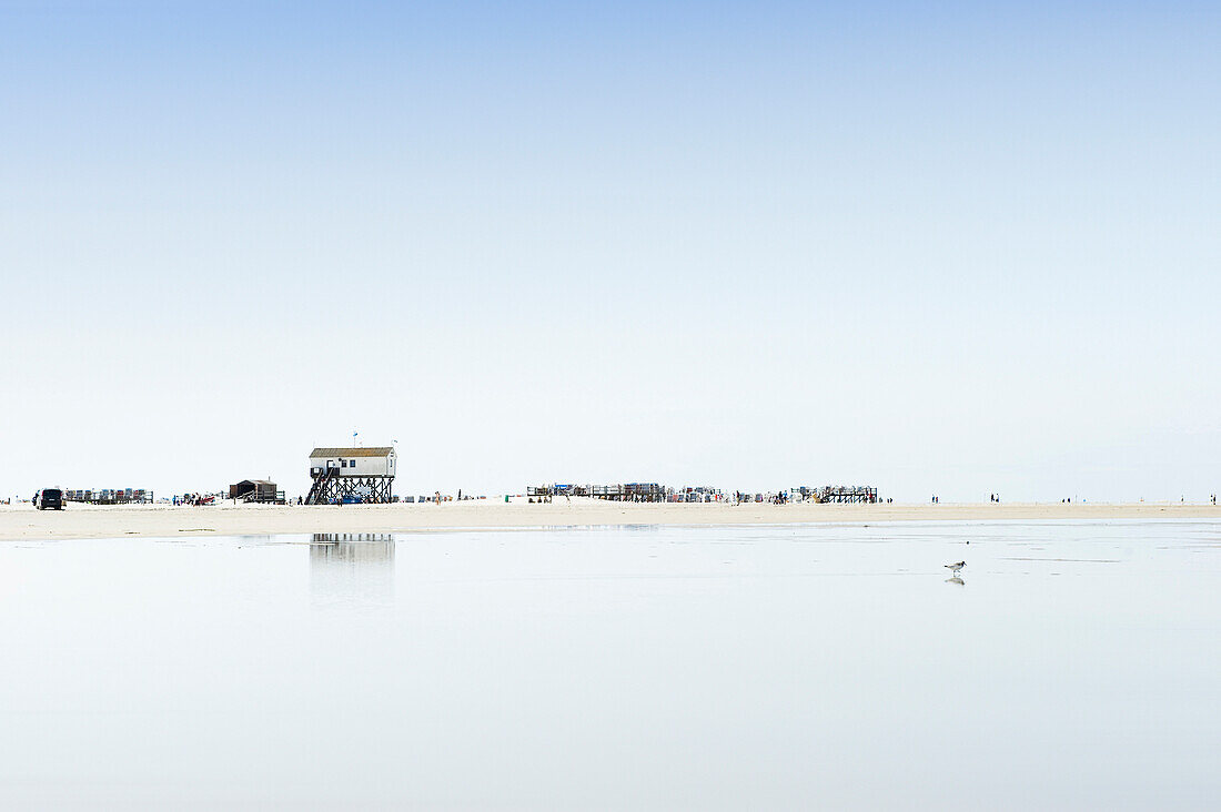 Stilt houses on the beach, Sankt Peter-Ording, Wadden Sea National Park, Eiderstedt peninsula, North Frisian Islands, Schleswig-Holstein, Germany, Europe