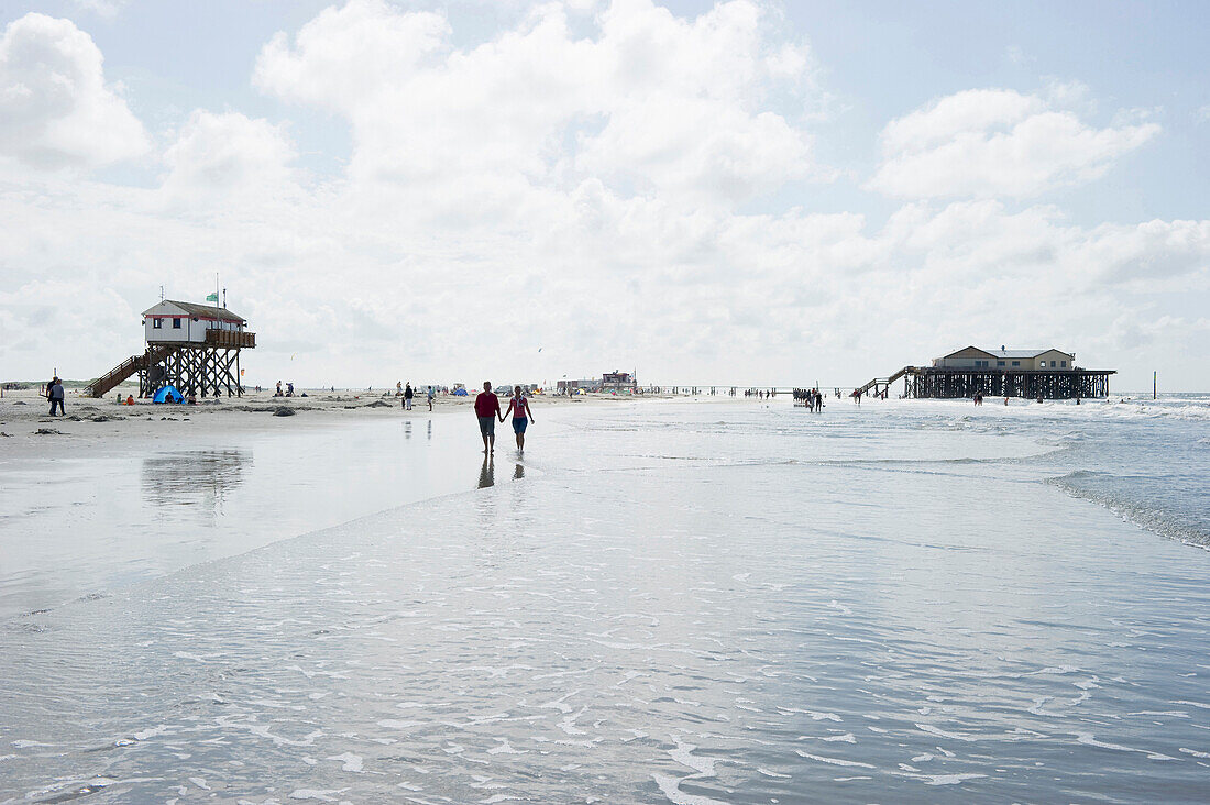 Stilt houses on the beach, Sankt Peter-Ording, Wadden Sea National Park, Eiderstedt peninsula, North Frisian Islands, Schleswig-Holstein, Germany, Europe