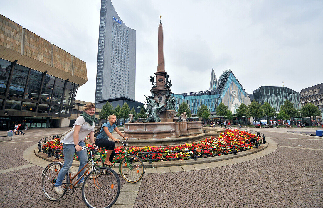 City skyscraper with Gewandhaus and fountain at the Augustusplatz, Leipzig, Saxony, Germany, Europe