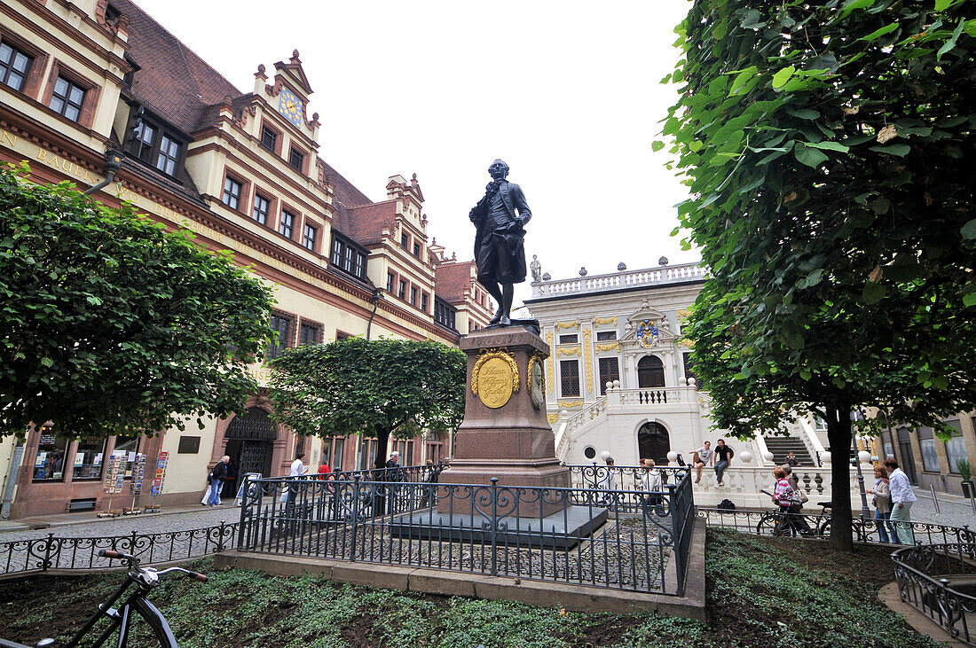 Goethe monument and old stock exchange at the old town, Leipzig, Saxony, Germany, Europe