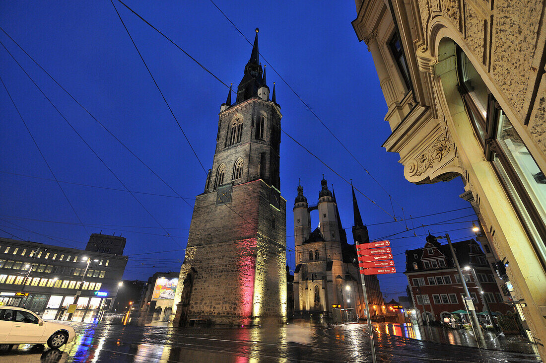 Market church with red tower at the market square at night, Halle an der Saale, Saxony-Anhalt, Germany, Europe