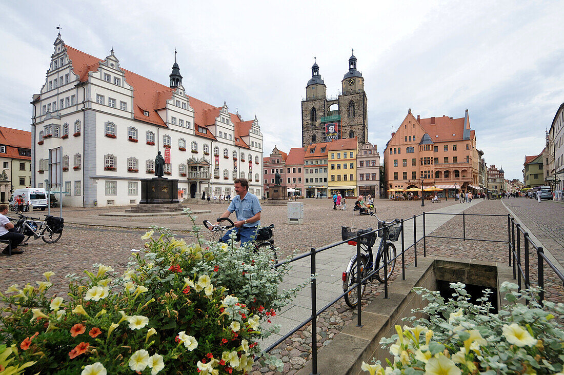 Market with town hall and St. Marien church, Lutherstadt Wittenberg, Saxony-Anhalt, Germany, Europe