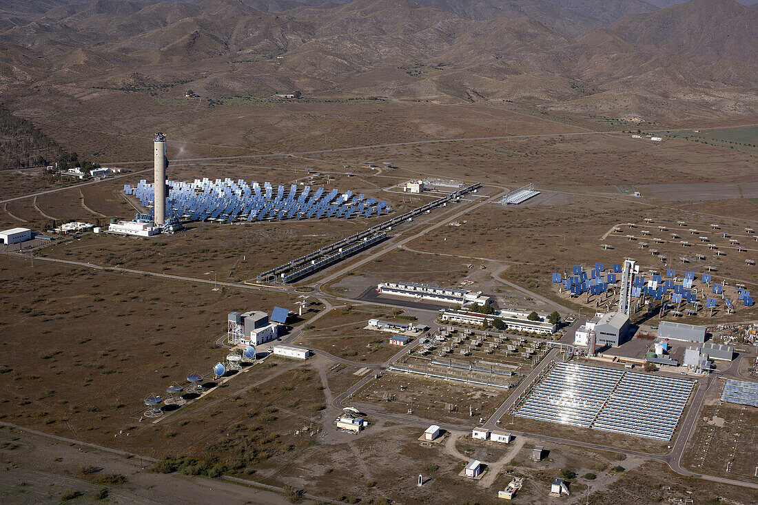 Luftaufnahme PSA, Plataforma Solar de Almeria, Solarforschungsanlage der DLR, Deutsches Zentrum für Luft- und Raumfahrt, Almeria, Andalusien, Spanien