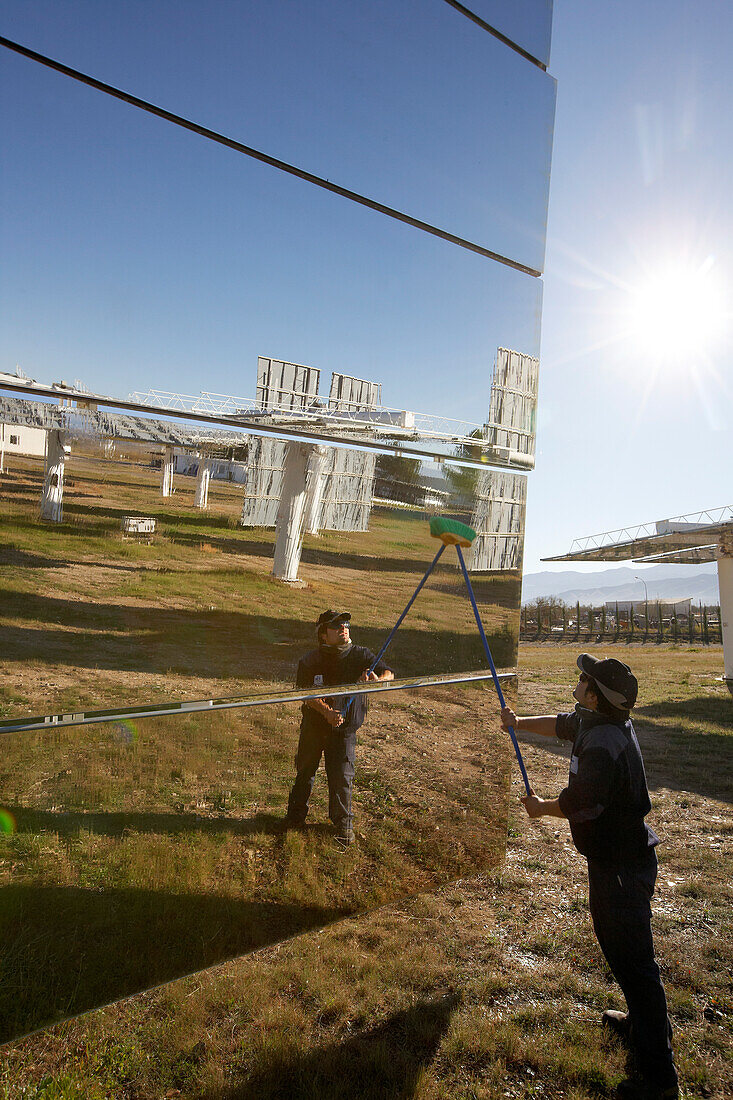 Heliostats being cleaned, PSA, Plataforma Solar de Almeria, center for the research of solar energy by the DLR, German Aerospace Center, Almeria, Andalusia, Spain