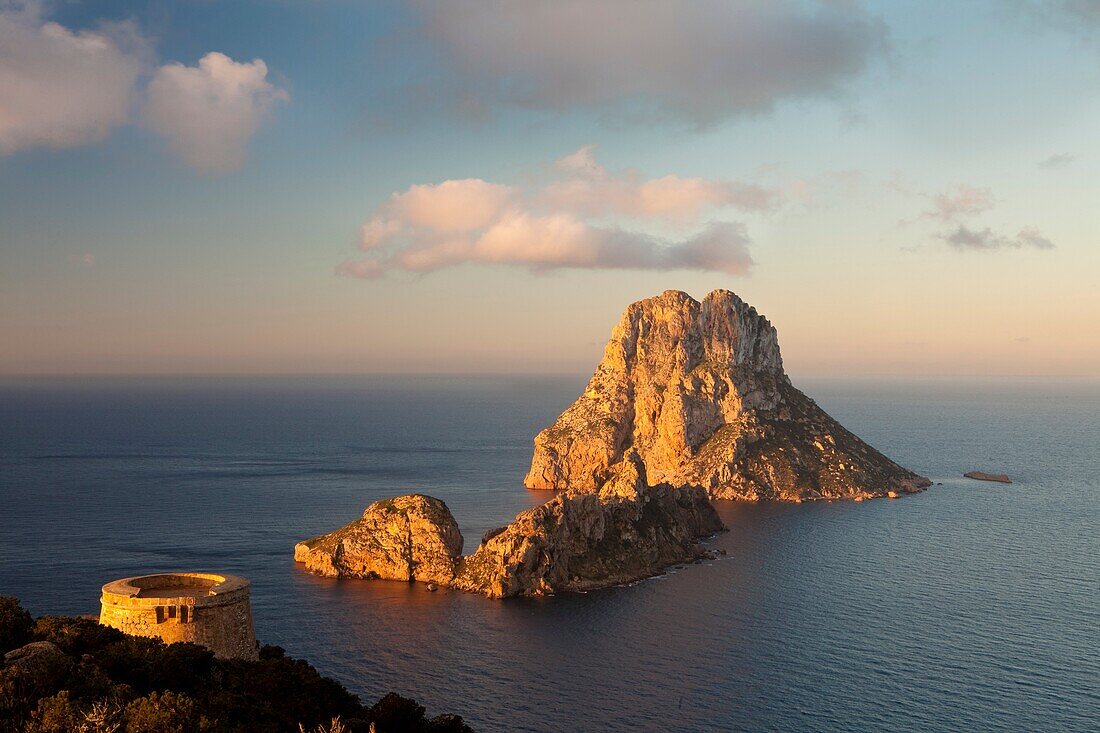 View of Es Vedrà and Es Vedranell islots from the watchtower of Torre des Savinar in the south of Ibiza, Sant Josep de Sa Talaia, Ibiza, Illes Balears, Spain