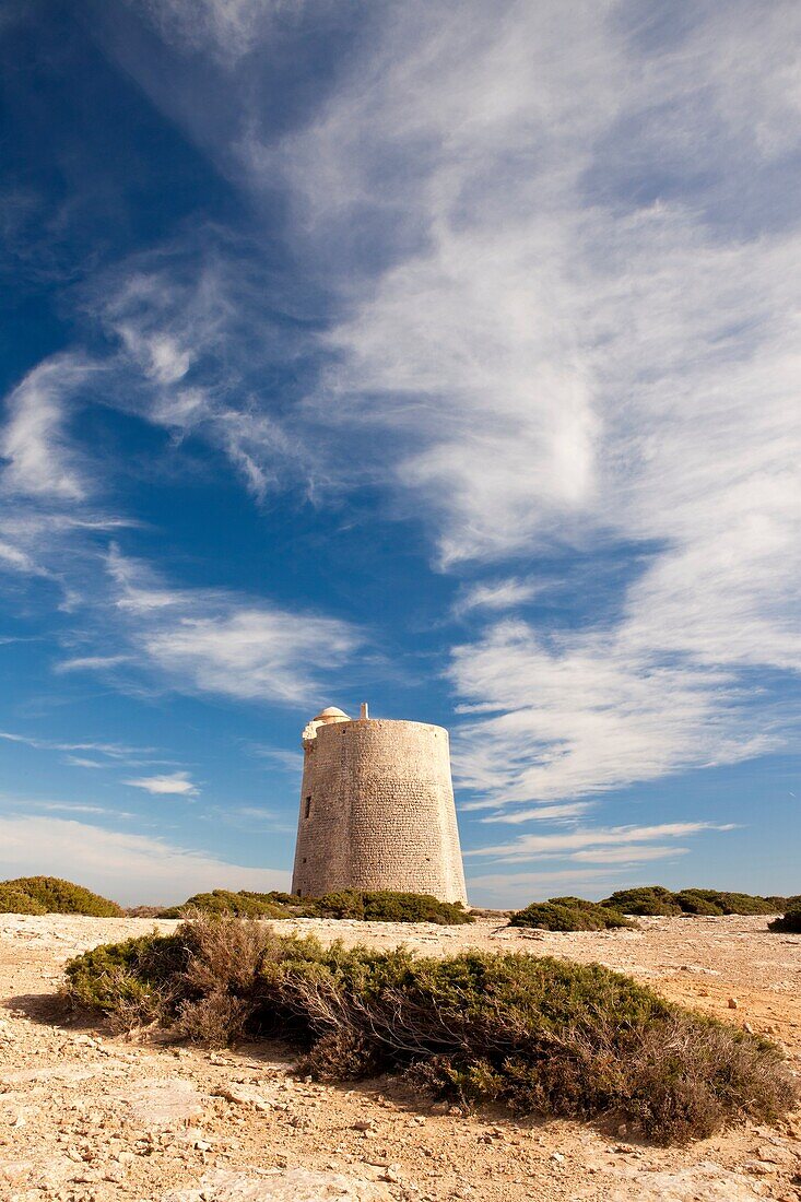 Watchtower of Ses Portes in Natural park of Ses Salines in Sant Francesc de S´Estany, Ibiza, Illes Balears, Spain
