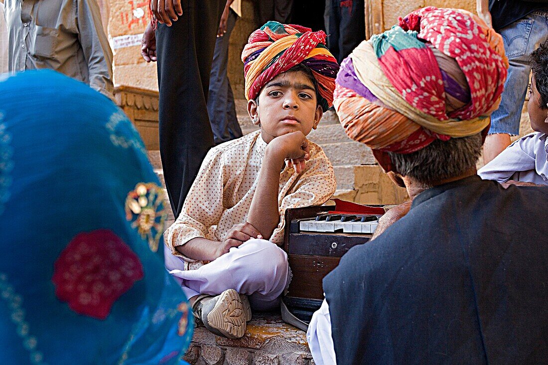 Gangaur festival,musician inside the Fort near Raj Mahal Royal Palace, Jaisalmer, Rajasthan, India