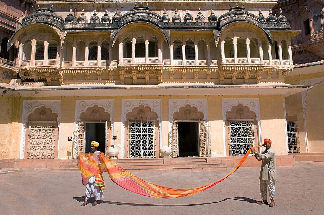Men putting on the turban, in Mehrangarh Fort,inside of the fort,Jodhpur, Rajasthan, India