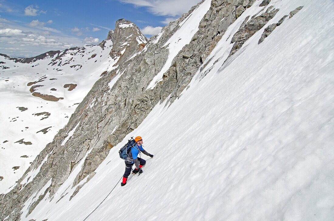 Elijah Weber climbing the Vertical Perceptions Couloir on the North Face of Cobb Peak in the Pioneer Mountians of central Idaho