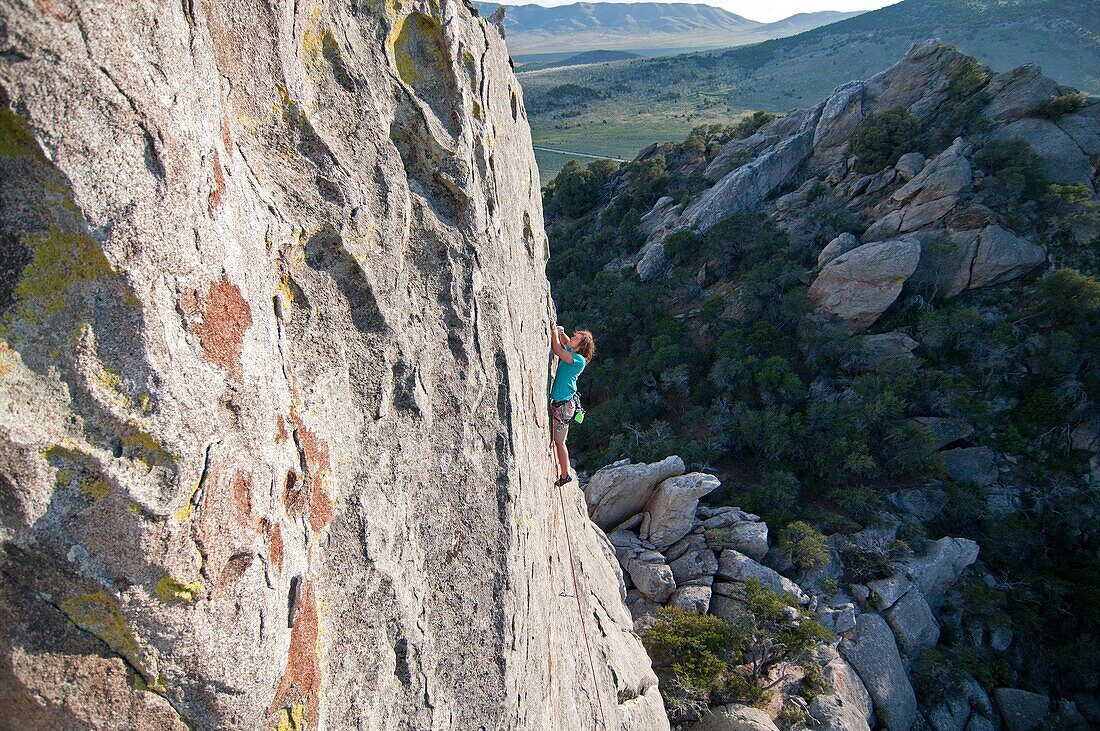 Nic Houser rock climbing a route named Fly Like An Eagle which is rated 5,11 and located on Eagle Rock at The City Of Rocks National Reserve in southern Idaho