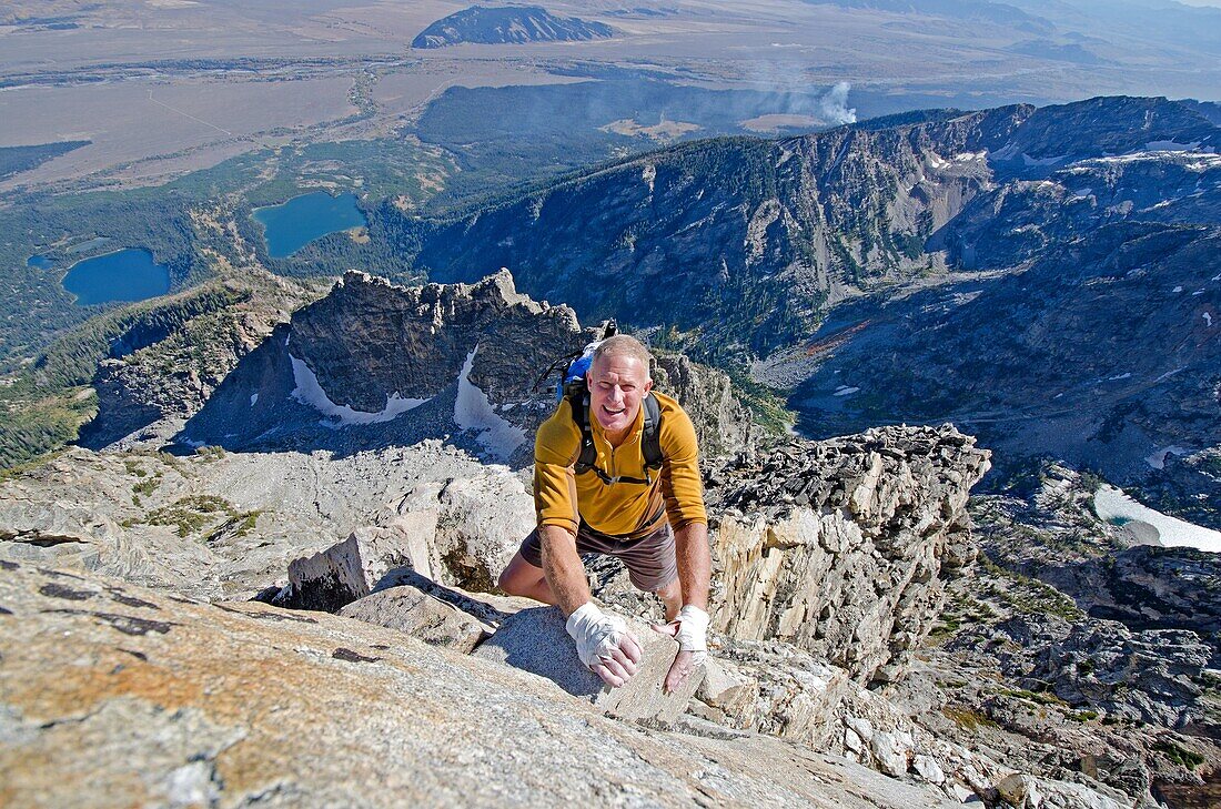 Mark Weber free solo rock climbing The Direct South Ridge route which is rated grade 3 at 5,7 on Nez Perce Peak in Grand Teton National Park in northern Wyoming
