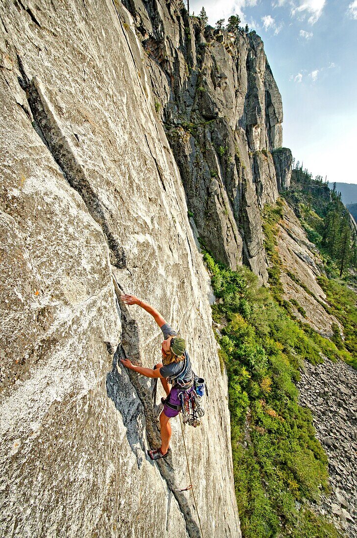 Nic Houser rock climbing a route called The Line which is rated 5,9 and located at Lovers Leap near Lake Tahoe in northern California
