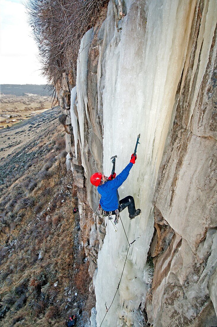 Dave Weber ice climbing a route called Jack Spratt which is rated WI-5 and located at The Mother Lode area in the Snake River Canyon near the city of Twin Falls in southern Idaho