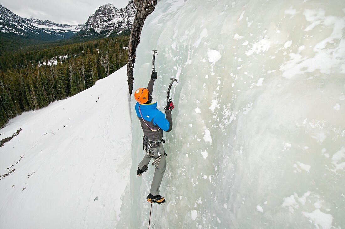 Elijah Weber ice climbing a route called The Fat One which is rated WI-3 and located at the Unnamed Wall in Hyalite Canyon near the city of Bozeman in southern Montana