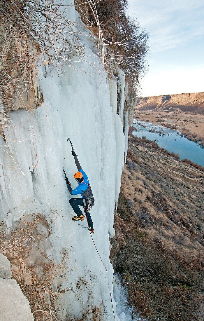 Elijah Weber ice climbing a route called Bonita which is rated WI-4 and located at The Mother Lode area in the Snake River Canyon near the city of Twin Falls in southern Idaho