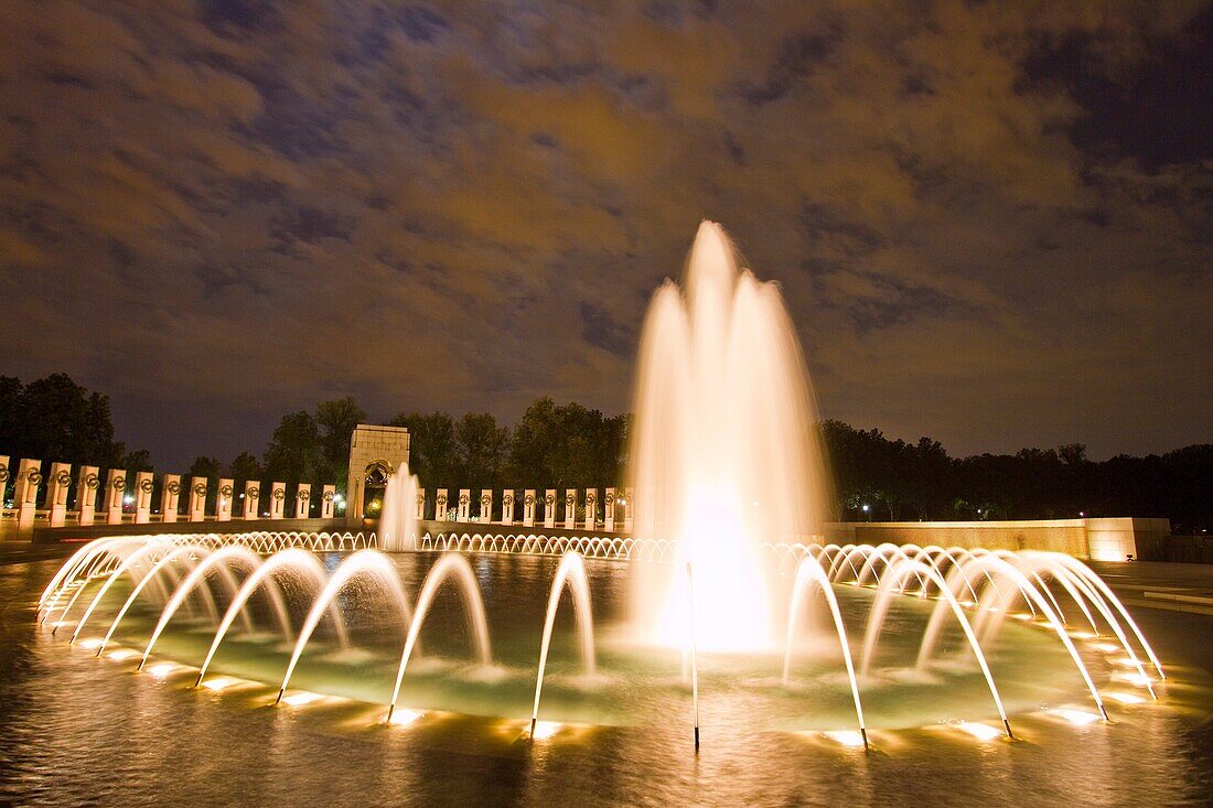 Views at night of the U S  National World War II Memorial, Washington, D C , USA. Views at night of the U S  National World War II Memorial, Washington, D C , USA  MORE INFO The U S  National World War II Memorial is dedicated to all Americans who served 