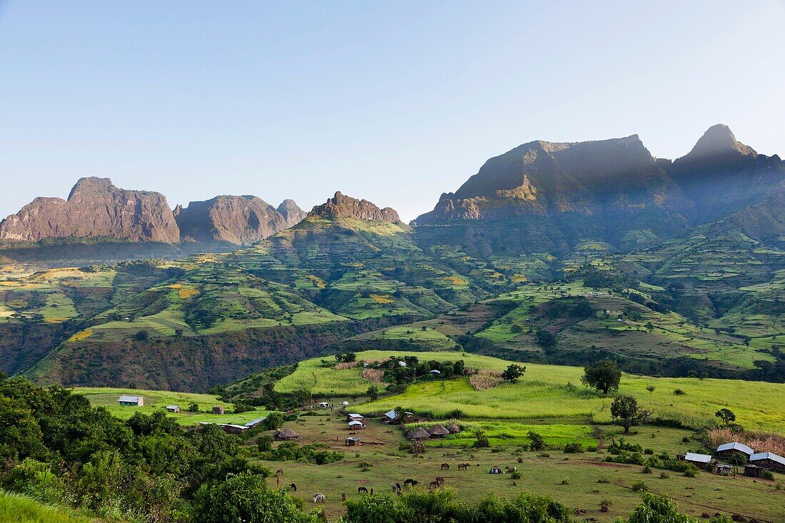 Landscape near the escarpment of the Simien Mountains close to the Simien Mts  National Park near the village of Mekarebya at an elevation of about 2300m during the end of the rainy season  This area is heavily used for farming especially the cultivation.