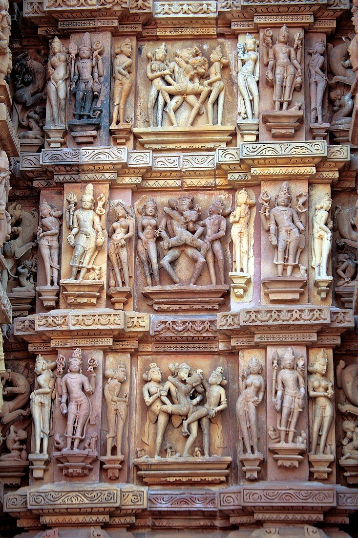 Sculptures on the wall of Hindu temple, Khajuraho, Madhya Pradesh, India