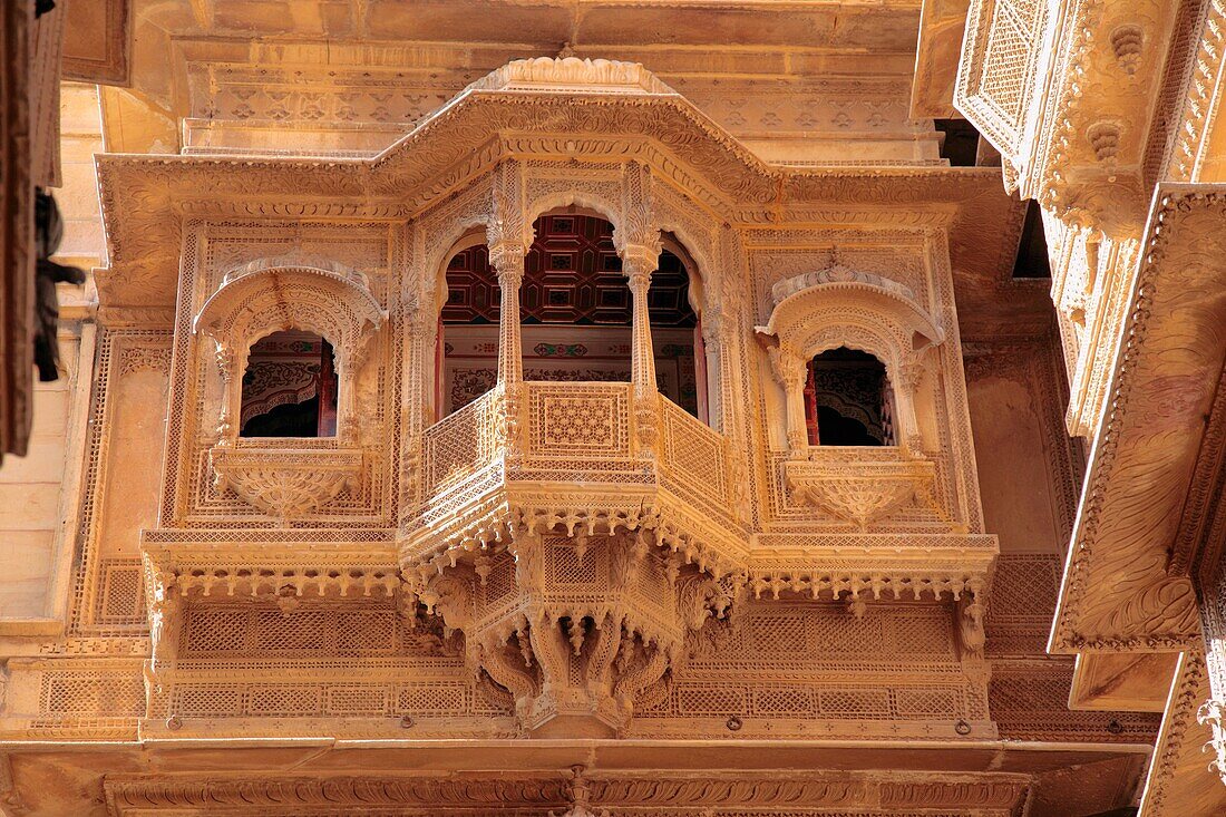 Stone carving, house in old city, Jaisalmer, Rajasthan, India