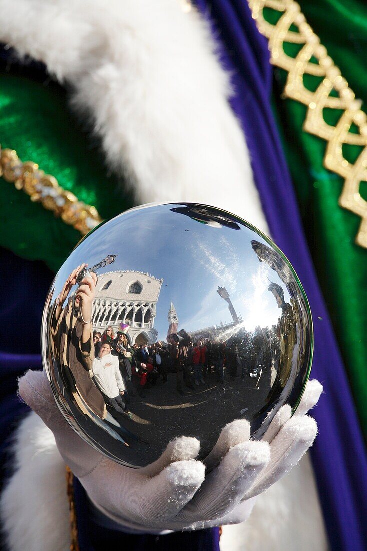 Doge´s palace reflected in a sphere during the Venice carnival 2007, Venice, Italy