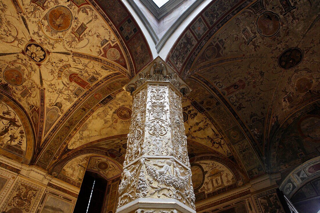 Decorated column at the entrance hall of Palazzo Vecchio, Florence, Italy