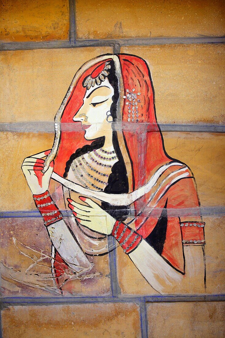 Paint of an indian woman on a wall, Rajasthan, India