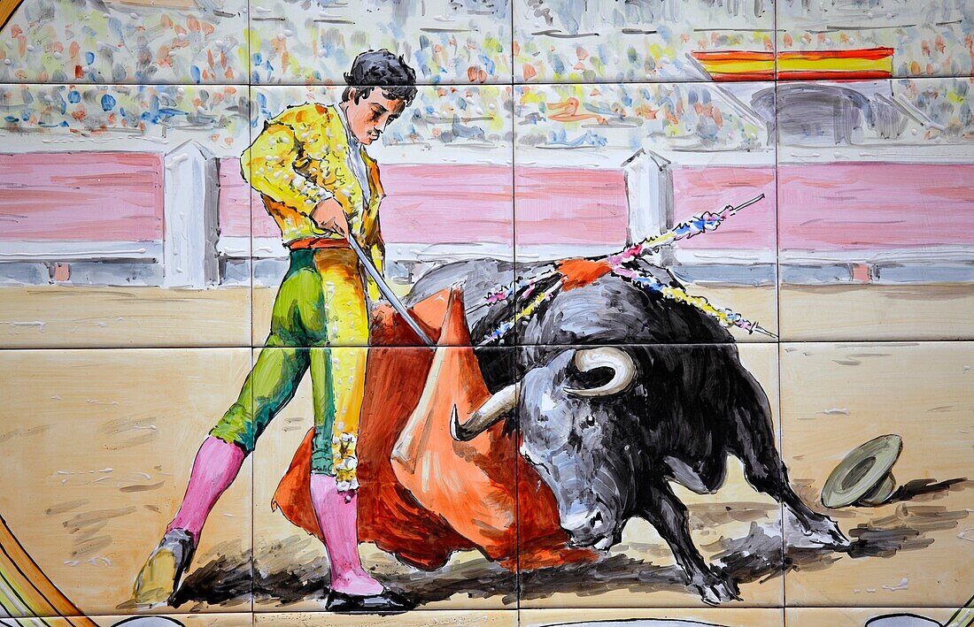 Decorated tiles showing a corrida, Madrid, Spain