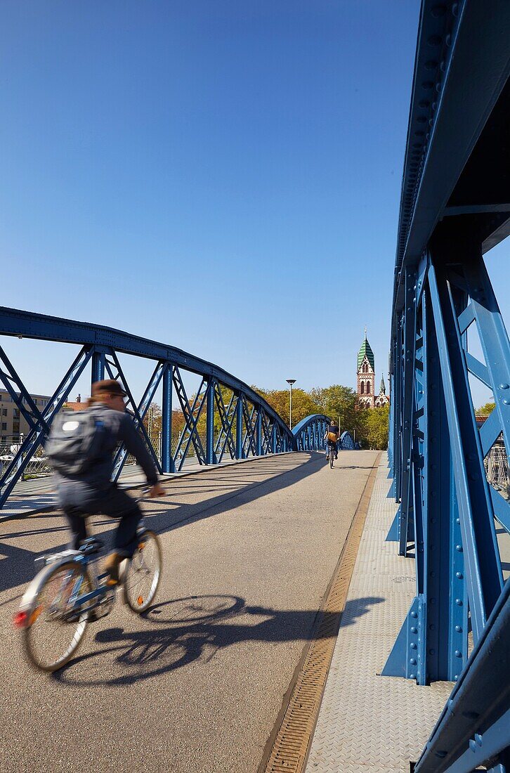 Cyclists riding at the car-free Wiwili-bridge  Freiburg im Breisgau  Baden Wuerttemberg Germany