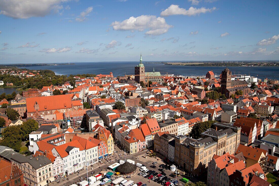view over the historic centre of Stralsund and Ruegen island, Hanseatic City of Stralsund, Mecklenburg-Vorpommern, Germany