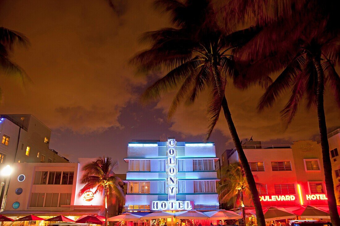 illuminated Art Deco Hotels on famous Ocean Drive in South Beach, Miami Beach, Florida, USA